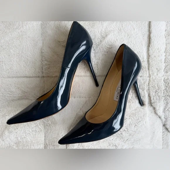 $779 Jimmy Choo Navy Patent Leather 100mm 4” Pumps High Heels 38.5 8.5 - Picture 4 of 9